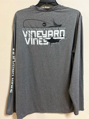Vineyard Vines Performance Long Sleeve Shirt Medium Gray Fishing Marlin Logo